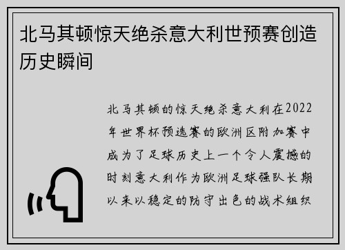 北马其顿惊天绝杀意大利世预赛创造历史瞬间